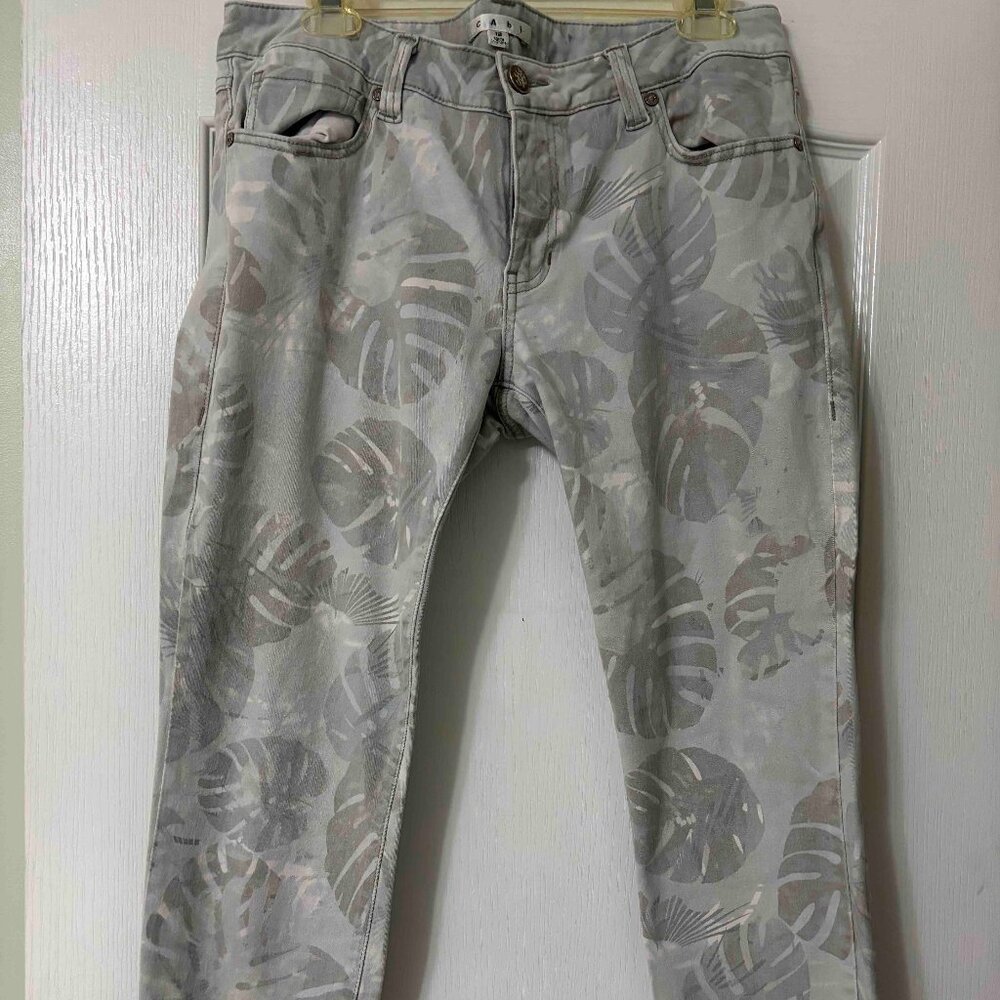 CAbi Women's Skinny Jeans in Light Gray Palm Print